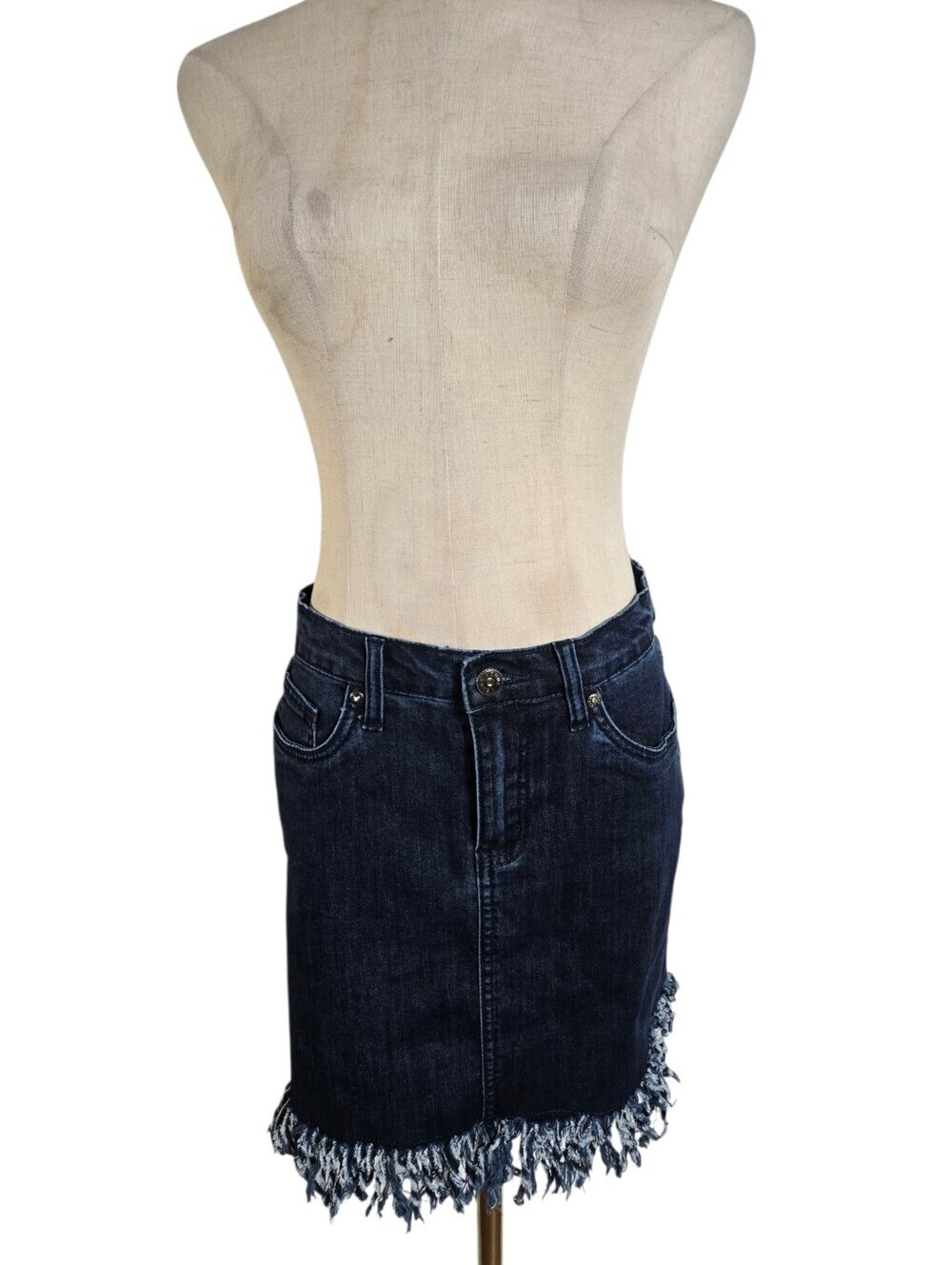VENUS Dark Wash Denim MINI Skirt with Fringe